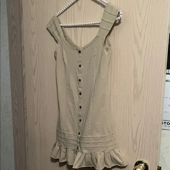 Beige Button-Down Mini Dress - Picture 1 of 8